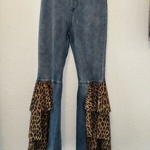 Denim Flare Jeans with Leopard Print Ruffles